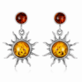 Baltic Honey Amber Sun Stud Drop Earrings in Sterling Silver featuring genuine honey Baltic amber gemstones in a radiant sun-inspired drop design, set in polished 925 sterling silver, isolated on a white background.