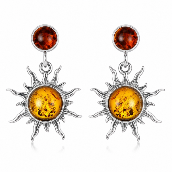 Baltic Honey Amber Sun Stud Drop Earrings in Sterling Silver featuring genuine honey Baltic amber gemstones in a radiant sun-inspired drop design, set in polished 925 sterling silver, isolated on a white background.