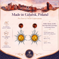 Baltic Honey Amber Sun Stud Drop Earrings in Sterling Silver infographic highlighting authentic honey Baltic amber, 925 sterling silver, handcrafted craftsmanship, earring dimensions, and Made in Gdańsk, Poland heritage.