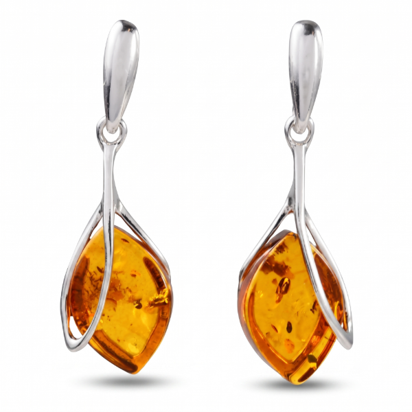 Nadia Baltic Honey Amber Earrings in Sterling Silver featuring genuine honey Baltic amber gemstones set in polished 925 sterling silver, isolated on a white background.