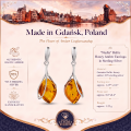 Nadia Baltic Honey Amber Earrings in Sterling Silver infographic highlighting authentic honey Baltic amber, 925 sterling silver, handcrafted craftsmanship, earring dimensions, and Made in Gdańsk, Poland heritage.
