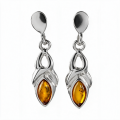 Tricia Baltic Honey Amber Earrings in Sterling Silver featuring genuine honey Baltic amber gemstones set in polished 925 sterling silver, isolated on a white background.