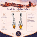 Tricia Baltic Honey Amber Earrings in Sterling Silver infographic highlighting authentic honey Baltic amber, 925 sterling silver, handcrafted craftsmanship, earring dimensions, and Made in Gdańsk, Poland heritage.
