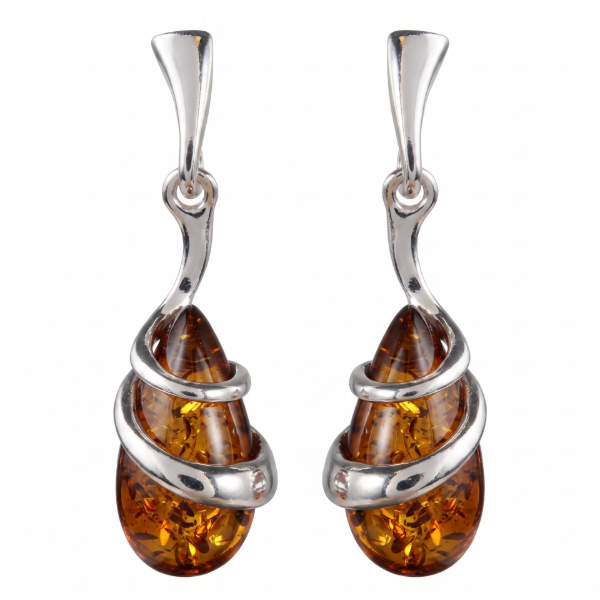 Zuzanna Baltic Honey Amber Earrings in Sterling Silver featuring genuine honey Baltic amber gemstones set in polished 925 sterling silver, isolated on a white background.