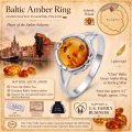 Clara Baltic Honey Amber Ring in Sterling Silver infographic highlighting authentic honey Baltic amber, 925 sterling silver, handcrafted craftsmanship, ring dimensions, and Made in Gdańsk, Poland heritage.