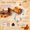 Cora Baltic Honey Amber Ring in Sterling Silver infographic highlighting authentic honey Baltic amber, 925 sterling silver, handcrafted craftsmanship, ring dimensions, and Made in Gdańsk, Poland heritage.