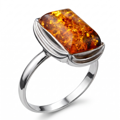 Cora Baltic Honey Amber Ring in Sterling Silver featuring a genuine honey Baltic amber gemstone set in polished 925 sterling silver, isolated on a white background.