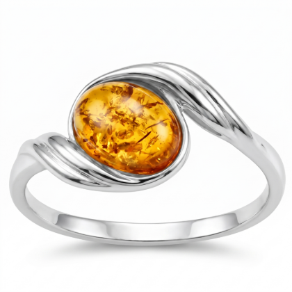 Estelle Baltic Honey Amber Ring in Sterling Silver featuring a genuine honey Baltic amber gemstone set in polished 925 sterling silver, isolated on a white background.