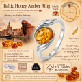 Estelle Baltic Honey Amber Ring in Sterling Silver infographic highlighting authentic honey Baltic amber, 925 sterling silver, handcrafted craftsmanship, ring dimensions, and Made in Gdańsk, Poland heritage.