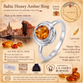 Kaitlyn Baltic Honey Amber Ring in Sterling Silver infographic highlighting authentic honey Baltic amber, 925 sterling silver, handcrafted craftsmanship, ring dimensions, and Made in Gdańsk, Poland heritage.