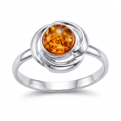 Kaitlyn Baltic Honey Amber Ring in Sterling Silver featuring a genuine honey Baltic amber gemstone set in polished 925 sterling silver, isolated on a white background.