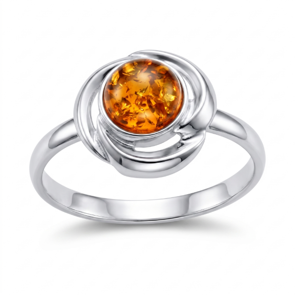Kaitlyn Baltic Honey Amber Ring in Sterling Silver featuring a genuine honey Baltic amber gemstone set in polished 925 sterling silver, isolated on a white background.