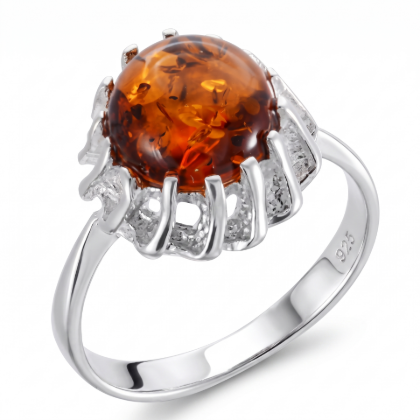 Cora Baltic Honey Amber Ring in Sterling Silver featuring a genuine honey Baltic amber gemstone set in polished 925 sterling silver, isolated on a white background.