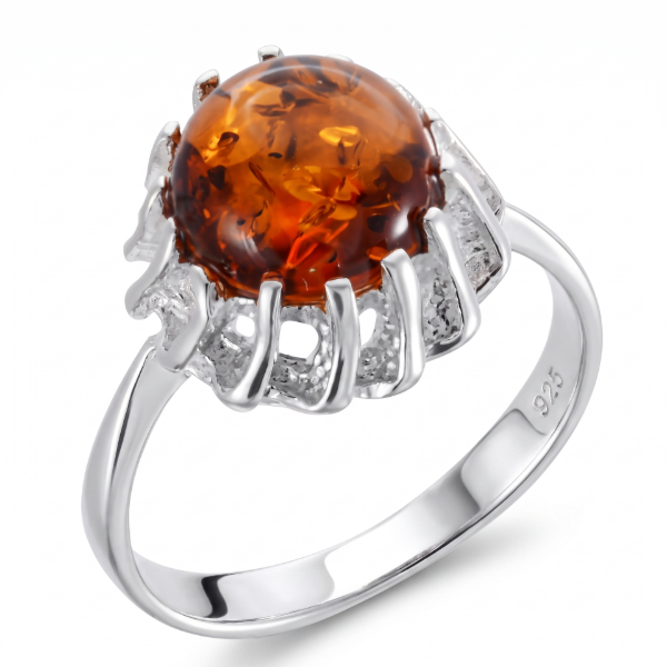 Cora Baltic Honey Amber Ring in Sterling Silver featuring a genuine honey Baltic amber gemstone set in polished 925 sterling silver, isolated on a white background.