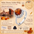 Cora Baltic Honey Amber Ring in Sterling Silver infographic highlighting authentic honey Baltic amber, 925 sterling silver, handcrafted craftsmanship, ring dimensions, and Made in Gdańsk, Poland heritage.