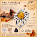 GIA Certified Baltic Honey Amber Sun Ring in Sterling Silver infographic highlighting authentic honey Baltic amber, GIA certification, 925 sterling silver, handcrafted craftsmanship, ring dimensions, and Made in Gdańsk, Poland heritage.
