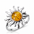 GIA Certified Baltic Honey Amber Sun Ring in Sterling Silver featuring a genuine honey Baltic amber gemstone in a radiant sun-inspired design, set in polished 925 sterling silver, isolated on a white background.