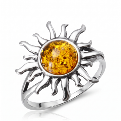 GIA Certified Baltic Honey Amber Sun Ring in Sterling Silver featuring a genuine honey Baltic amber gemstone in a radiant sun-inspired design, set in polished 925 sterling silver, isolated on a white background.