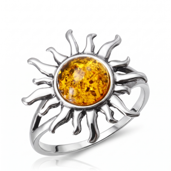 GIA Certified Baltic Honey Amber Sun Ring in Sterling Silver featuring a genuine honey Baltic amber gemstone in a radiant sun-inspired design, set in polished 925 sterling silver, isolated on a white background.