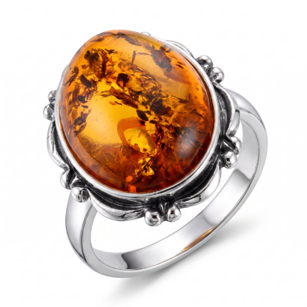 Baltic Honey Amber Oval Ring in Sterling Silver featuring a genuine oval honey Baltic amber gemstone set in polished 925 sterling silver, isolated on a white background.