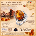 Baltic Honey Amber Oval Ring in Sterling Silver infographic highlighting authentic honey Baltic amber, 925 sterling silver, handcrafted craftsmanship, ring dimensions, and Made in Gdańsk, Poland heritage.