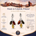 Autumn Multicolor Baltic Amber Earrings in Sterling Silver infographic highlighting authentic multicolor Baltic amber, 925 sterling silver, handcrafted craftsmanship, earring dimensions, and Made in Gdańsk, Poland heritage.