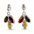 Autumn Multicolor Baltic Amber Earrings in Sterling Silver featuring genuine multicolor Baltic amber gemstones in honey, cognac, lemon, and green tones, set in polished 925 sterling silver, isolated on a white background.