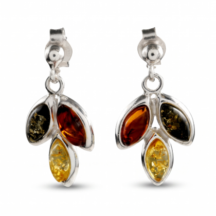 Autumn Multicolor Baltic Amber Earrings in Sterling Silver featuring genuine multicolor Baltic amber gemstones in honey, cognac, lemon, and green tones, set in polished 925 sterling silver, isolated on a white background.