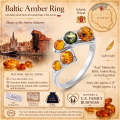 Aria Multicolor Baltic Amber Ring in Sterling Silver infographic highlighting authentic multicolor Baltic amber, 925 sterling silver, handcrafted craftsmanship, ring dimensions, and Made in Gdańsk, Poland heritage.
