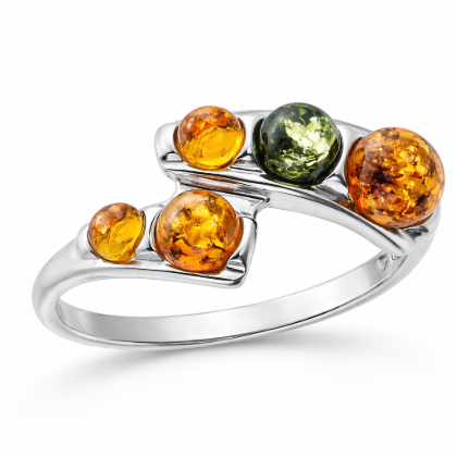 Aria Multicolor Baltic Amber Ring in Sterling Silver featuring genuine multicolor Baltic amber gemstones in honey, cognac, lemon, and green tones, set in polished 925 sterling silver, isolated on a white background.