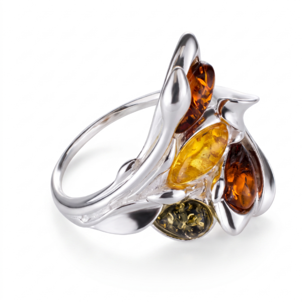Layla Multicolor Baltic Amber Ring in Sterling Silver featuring genuine multicolor Baltic amber gemstones in honey, cognac, lemon, and green tones, set in polished 925 sterling silver, isolated on a white background.