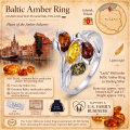 Layla Multicolor Baltic Amber Ring in Sterling Silver infographic highlighting authentic multicolor Baltic amber, 925 sterling silver, handcrafted craftsmanship, ring dimensions, and Made in Gdańsk, Poland heritage.