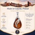 Infographic featuring the Yvonne Baltic Amber Pear-Shaped Pendant in Sterling Silver, highlighting genuine Baltic amber, 925 sterling silver, handcrafted craftsmanship, product specifications, and its origin in Gdańsk, Poland.