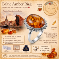 Baltic Honey Amber Oval Classic Ring in Sterling Silver infographic highlighting authentic honey Baltic amber, 925 sterling silver, handcrafted craftsmanship, ring dimensions, and Made in Gdańsk, Poland heritage.