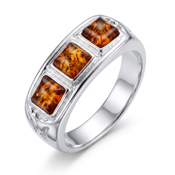 Brayden Baltic Honey Amber Ring in Sterling Silver featuring a genuine honey Baltic amber gemstone set in polished 925 sterling silver, isolated on a white background.