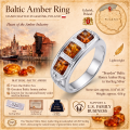 Brayden Baltic Honey Amber Ring in Sterling Silver infographic highlighting authentic honey Baltic amber, 925 sterling silver, handcrafted craftsmanship, ring dimensions, and Made in Gdańsk, Poland heritage.