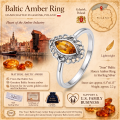 Joan Baltic Honey Amber Ring in Sterling Silver infographic highlighting authentic honey Baltic amber, 925 sterling silver, handcrafted craftsmanship, ring dimensions, and Made in Gdańsk, Poland heritage.