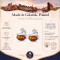Madelyn Baltic Amber Earrings in Sterling Silver infographic highlighting authentic Baltic amber, 925 sterling silver, handcrafted craftsmanship, earring dimensions, and Made in Gdańsk, Poland heritage.