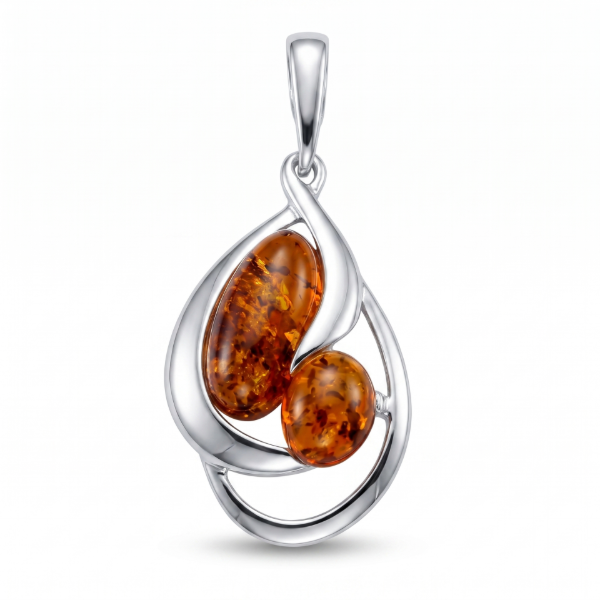Ava Baltic Amber Pendant in Sterling Silver featuring a genuine Baltic amber gemstone set in polished 925 sterling silver, isolated on a white background.