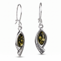 Emma Baltic Green Amber Drop Earrings in Sterling Silver featuring genuine green Baltic amber gemstones set in polished 925 sterling silver, isolated on a white background.