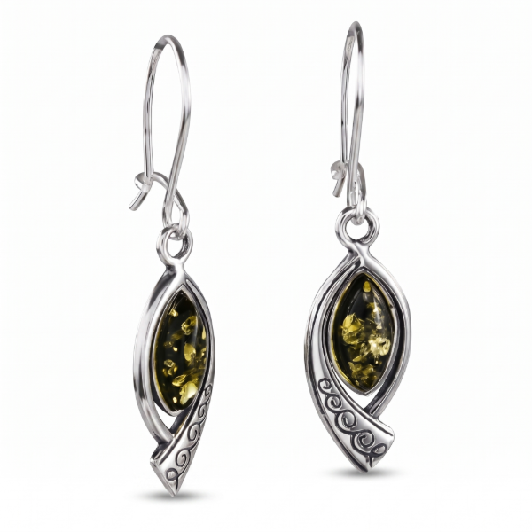 Emma Baltic Green Amber Drop Earrings in Sterling Silver featuring genuine green Baltic amber gemstones set in polished 925 sterling silver, isolated on a white background.