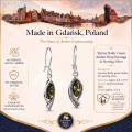 Emma Baltic Green Amber Drop Earrings in Sterling Silver infographic highlighting authentic green Baltic amber, 925 sterling silver, handcrafted craftsmanship, earring dimensions, and Made in Gdańsk, Poland heritage.
