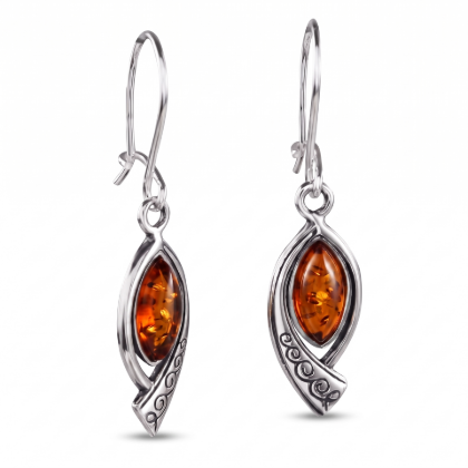 Johanna Baltic Honey Amber Earrings in Sterling Silver featuring genuine honey Baltic amber gemstones set in polished 925 sterling silver, isolated on a white background.