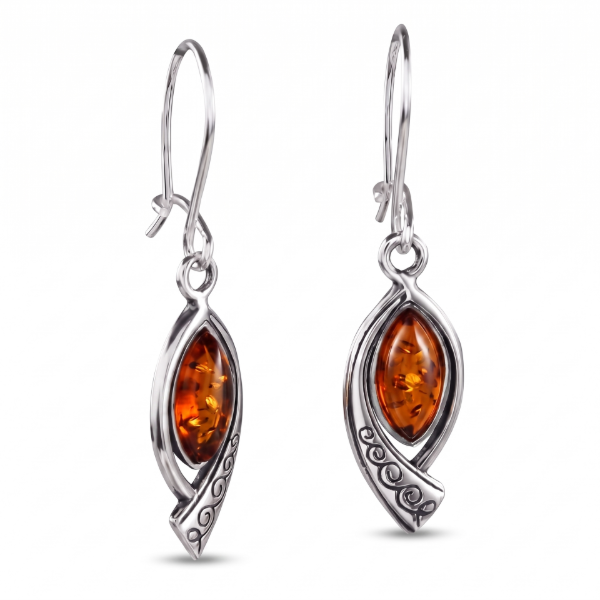 Johanna Baltic Honey Amber Earrings in Sterling Silver featuring genuine honey Baltic amber gemstones set in polished 925 sterling silver, isolated on a white background.