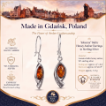 Johanna Baltic Honey Amber Earrings in Sterling Silver infographic highlighting authentic honey Baltic amber, 925 sterling silver, handcrafted craftsmanship, earring dimensions, and Made in Gdańsk, Poland heritage.