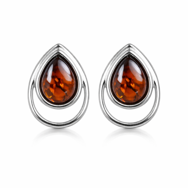 Lina Baltic Honey Amber Earrings in Sterling Silver featuring genuine honey Baltic amber gemstones set in polished 925 sterling silver, isolated on a white background.