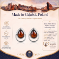 Lina Baltic Honey Amber Earrings in Sterling Silver infographic highlighting authentic honey Baltic amber, 925 sterling silver, handcrafted craftsmanship, earring dimensions, and Made in Gdańsk, Poland heritage.