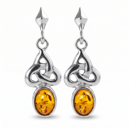 Theresa Baltic Honey Amber Earrings in Sterling Silver featuring genuine honey Baltic amber gemstones set in polished 925 sterling silver, isolated on a white background.
