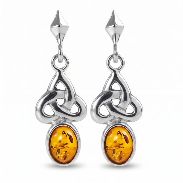 Theresa Baltic Honey Amber Earrings in Sterling Silver featuring genuine honey Baltic amber gemstones set in polished 925 sterling silver, isolated on a white background.