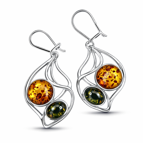 Agnes Baltic Honey Amber Earrings in Sterling Silver featuring genuine honey Baltic amber gemstones set in polished 925 sterling silver, isolated on a white background.